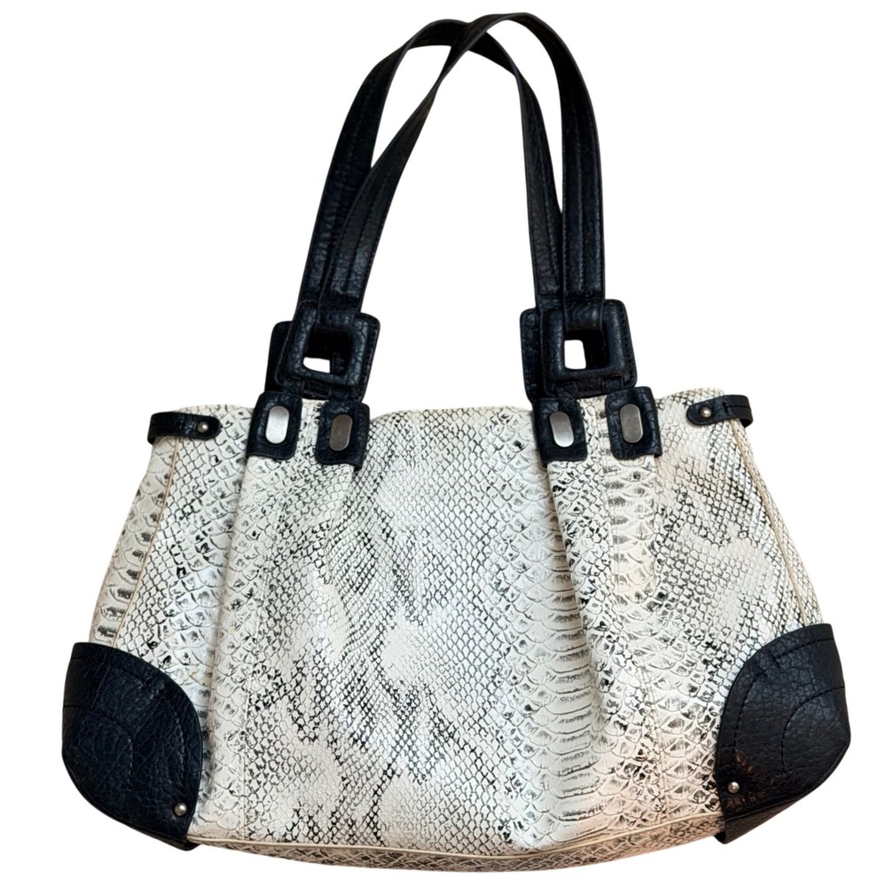 Jessica Simpson Tote Bag Womens Large White Black Faux Leather Snakeskin‎ Boho